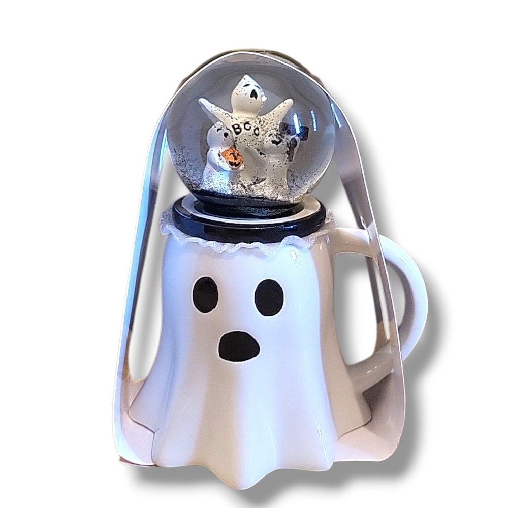 Halloween Ghost Mug Snow Globe Lid 15 oz Ceramic Figural Mug New